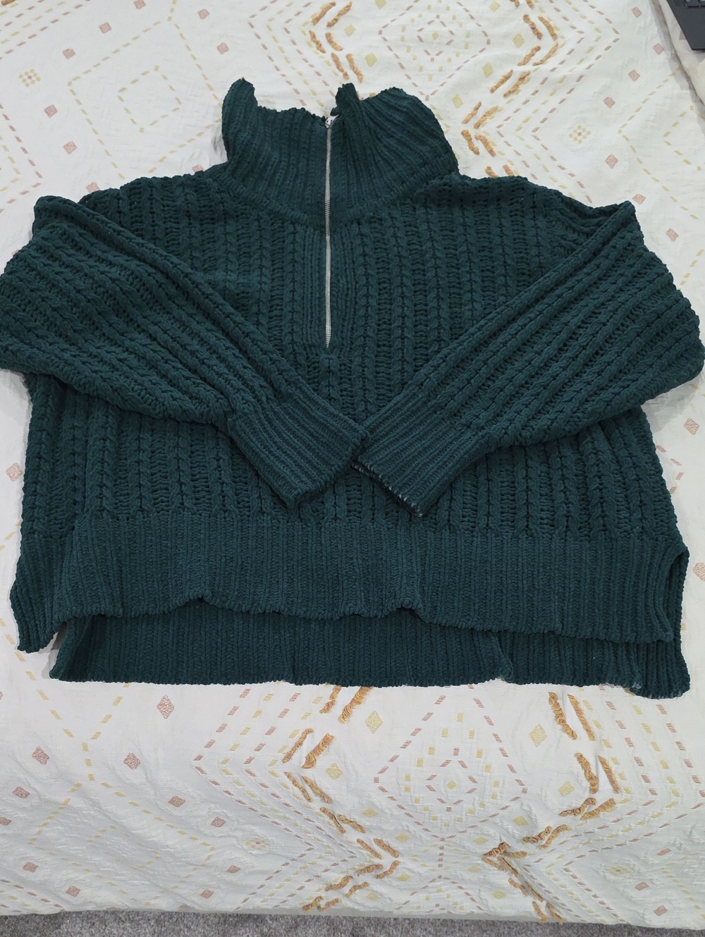 Aerie Dark Green Half-Zip Loose Knit Sweater